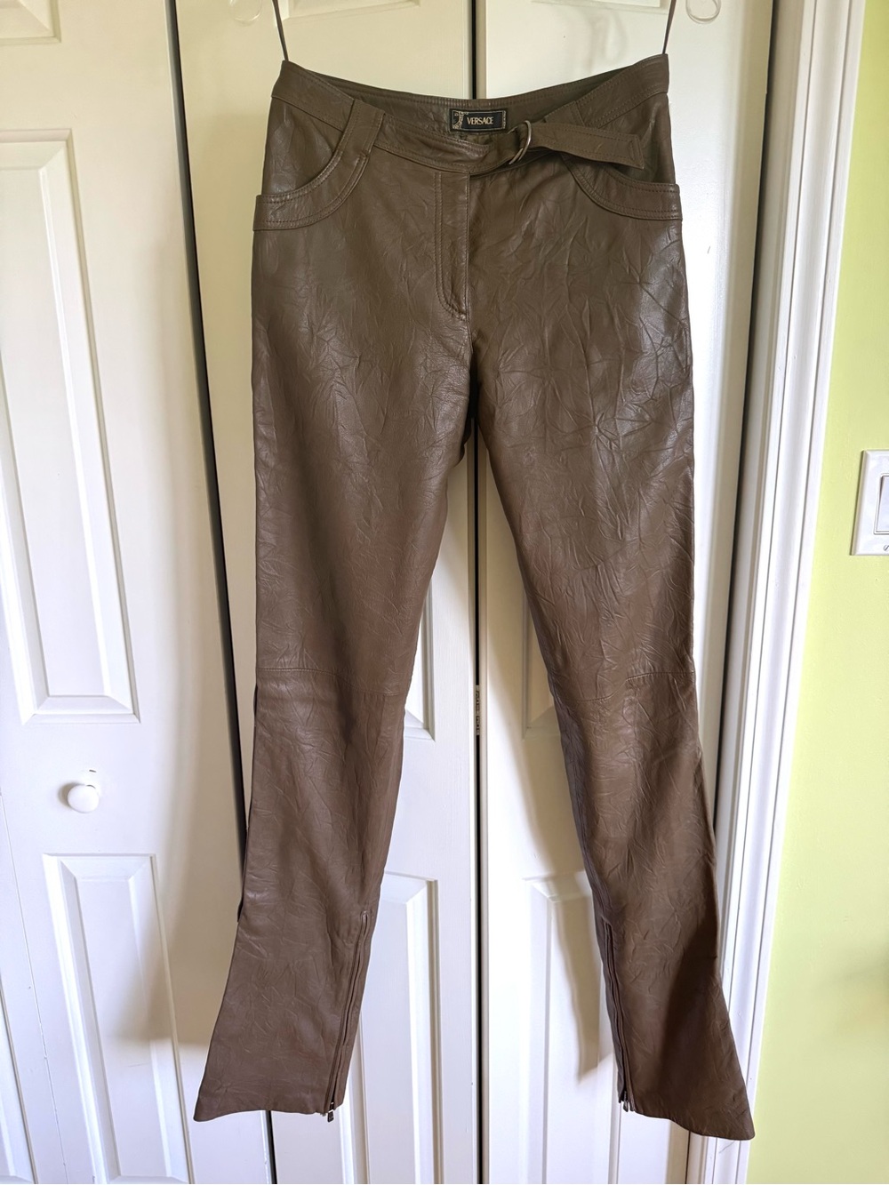 VERSACE Women Olive Leather Skinny Pants 6/42 EUC